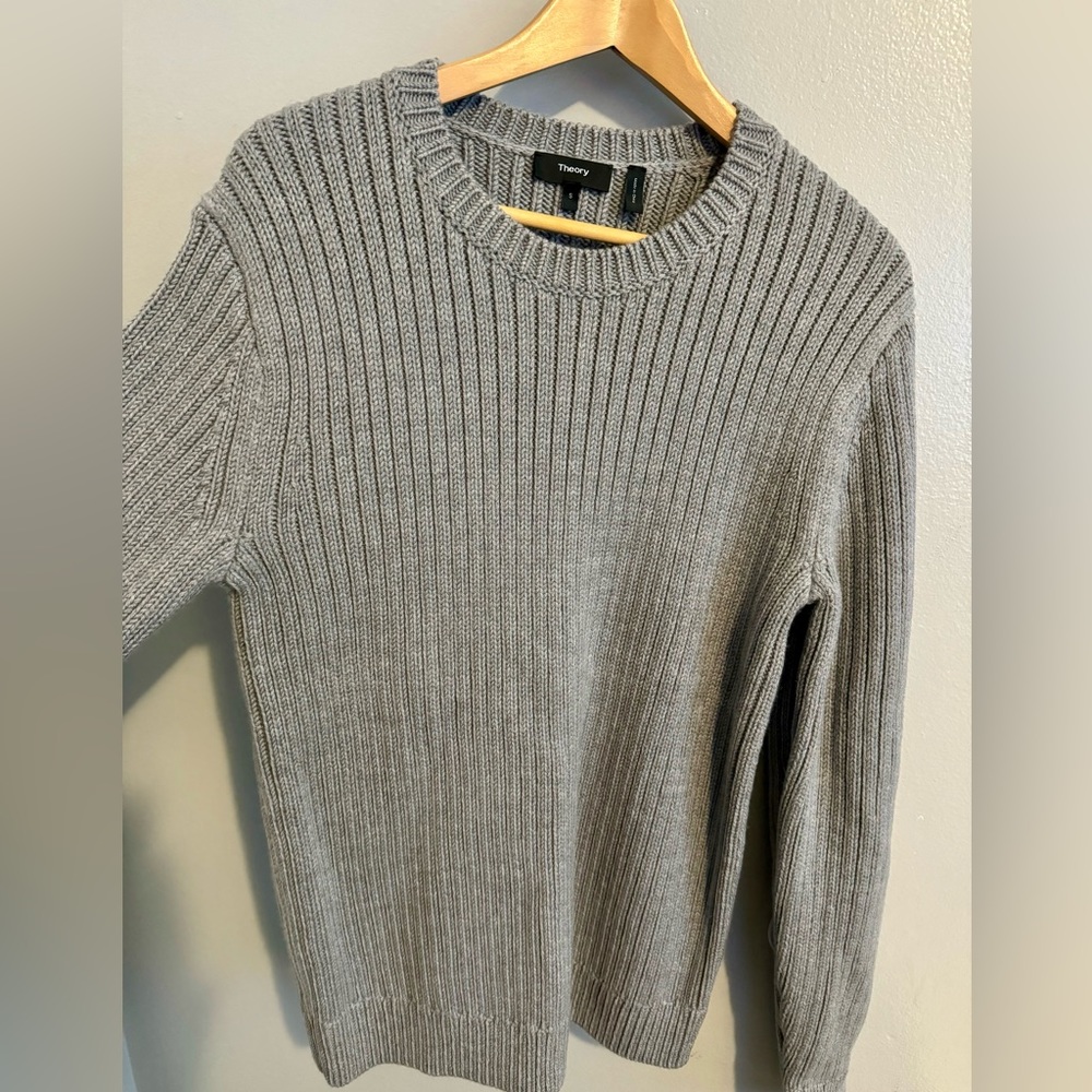 THEORY CLINT RIB KNIT 100% MERINO WOOL GREY SWEATER NEW! SZ M